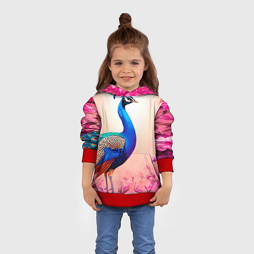 Детская толстовка Павлин на розовом / 3D-Красный – фото 4