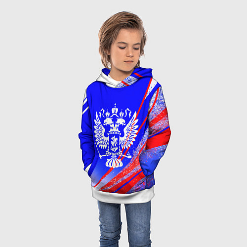 Детская толстовка Герб России на фоне цветов флага синий / 3D-Белый – фото 3
