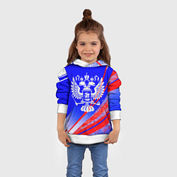Толстовка-худи детская Герб России на фоне цветов флага синий, цвет: 3D-белый — фото 2