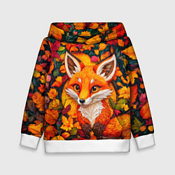 Толстовка-худи детская Лисенок в осенних листьях, цвет: 3D-белый
