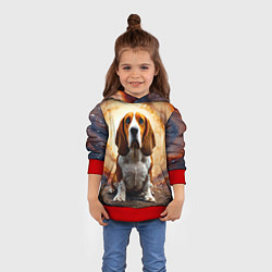Толстовка-худи детская Бассет-хаунд в космосе, цвет: 3D-красный — фото 2