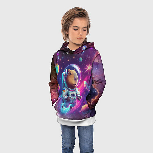 Детская толстовка Космонавт капибара в неоновом космосе / 3D-Белый – фото 3