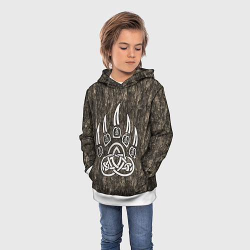 Детская толстовка Символ Велеса - лапа медведя в текстуре древа / 3D-Белый – фото 3
