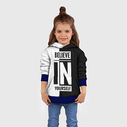 Толстовка-худи детская Верь в себя надпись черно белая, цвет: 3D-синий — фото 2
