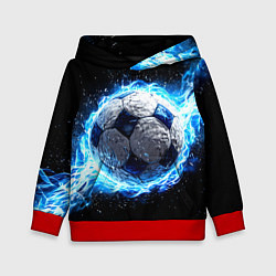 Толстовка-худи детская Футбольный мяч в синем пламени, цвет: 3D-красный