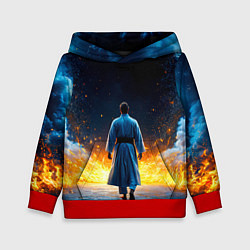 Толстовка-худи детская Айкидоист в огне и синий дым, цвет: 3D-красный