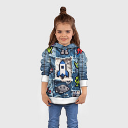 Толстовка-худи детская Космический пиксельный корабль, цвет: 3D-белый — фото 2