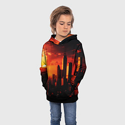 Толстовка-худи детская Стилизованный город оранжевый закат, цвет: 3D-черный — фото 2