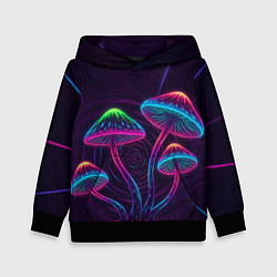 Толстовка-худи детская Неоновые грибы и лучи на темном фоне, цвет: 3D-черный