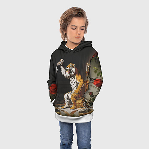 Детская толстовка Тигр сидит на золотом унитазе сердится / 3D-Белый – фото 3