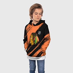 Толстовка-худи детская Чикаго Блэкхокс - фон с оранжевыми потертостами, цвет: 3D-белый — фото 2
