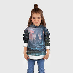 Толстовка-худи детская Фантастический мир с медузами и озеро у гор, цвет: 3D-белый — фото 2