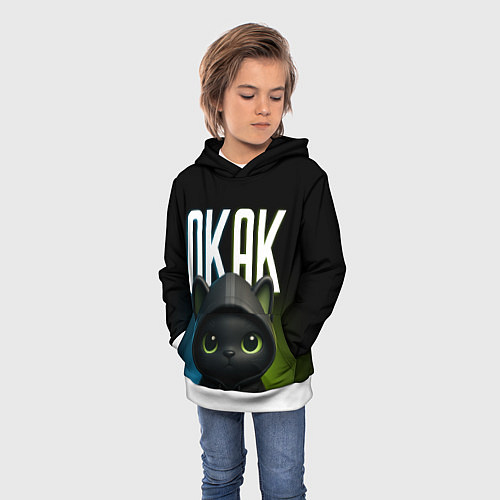 Детская толстовка Черный кот в капюшоне из мема окак / 3D-Белый – фото 3