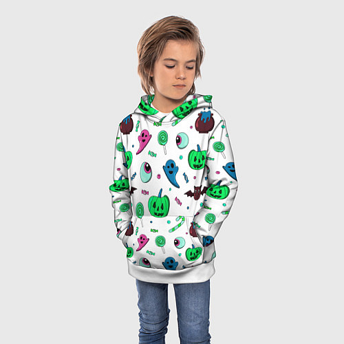 Детская толстовка Halloween light green pumpkin - паттерн / 3D-Белый – фото 3