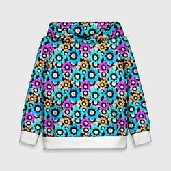 Толстовка-худи детская Разноцветные цветы бирюзовые малиновые синие, цвет: 3D-белый