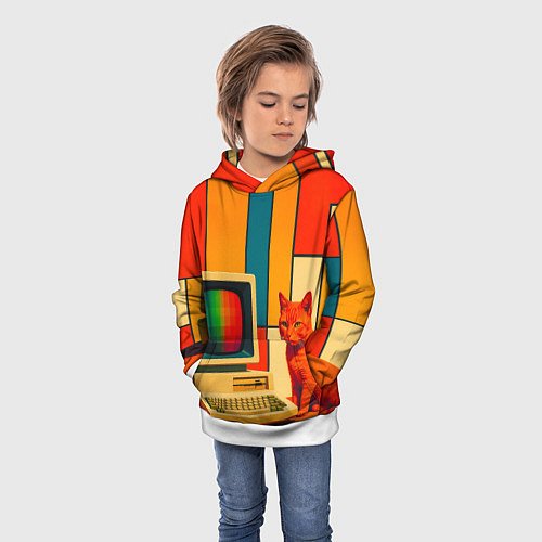 Детская толстовка Кот и винтажный компьютер ретрофутуризм поп-арт 19 / 3D-Белый – фото 3