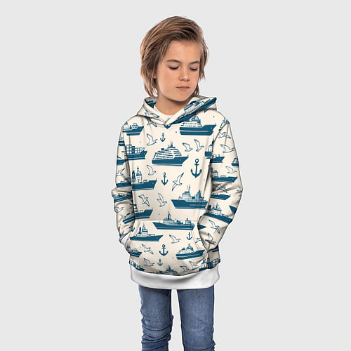 Детская толстовка Морской паттерн из чаек, якорей и кораблей / 3D-Белый – фото 3