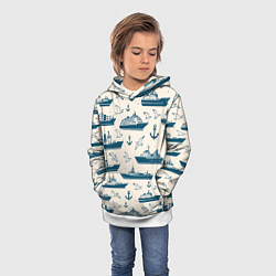 Толстовка-худи детская Морской паттерн из чаек, якорей и кораблей, цвет: 3D-белый — фото 2
