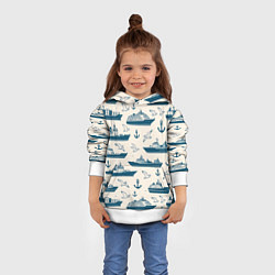 Толстовка-худи детская Морской паттерн из чаек, якорей и кораблей, цвет: 3D-белый — фото 2