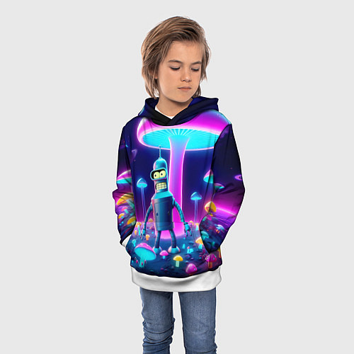 Детская толстовка Робот-сгибальщик Бендер на поляне неоновых грибов / 3D-Белый – фото 3