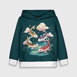 Толстовка-худи детская Рыбы в облаках над прудом, цвет: 3D-белый