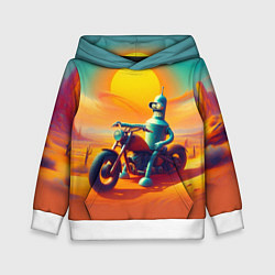 Толстовка-худи детская Робот Бендер на мотоцикле в пустыне, цвет: 3D-белый