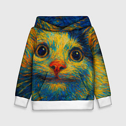 Толстовка-худи детская Мемный кот в стиле Ван Гога, цвет: 3D-белый