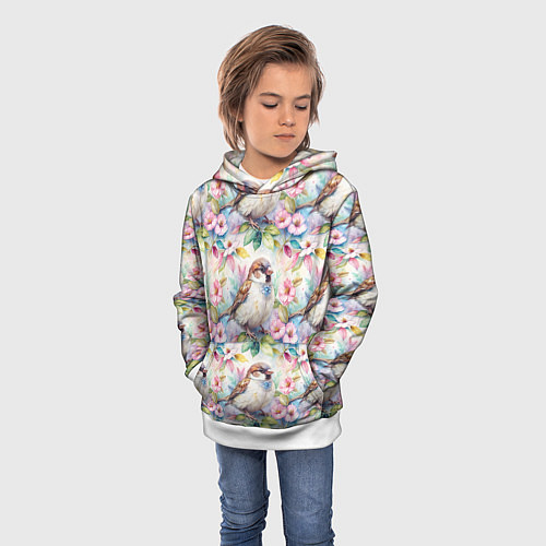 Детская толстовка Воробей в ярких цветах паттерн / 3D-Белый – фото 3