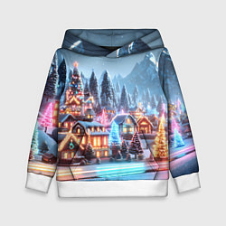 Толстовка-худи детская Городок в новогодних огоньках, цвет: 3D-белый