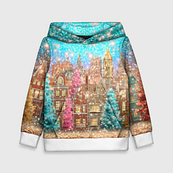 Толстовка-худи детская Новогодний город в блестках, цвет: 3D-белый