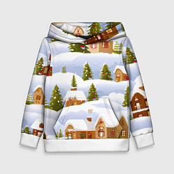 Толстовка-худи детская Новогодние домики и елочки, цвет: 3D-белый