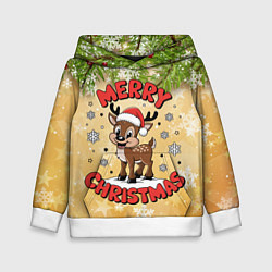 Толстовка-худи детская Олень в шапке Санты, цвет: 3D-белый