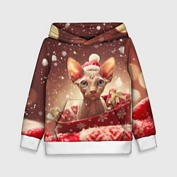Толстовка-худи детская Сфинкс новогодняя кошка, цвет: 3D-белый