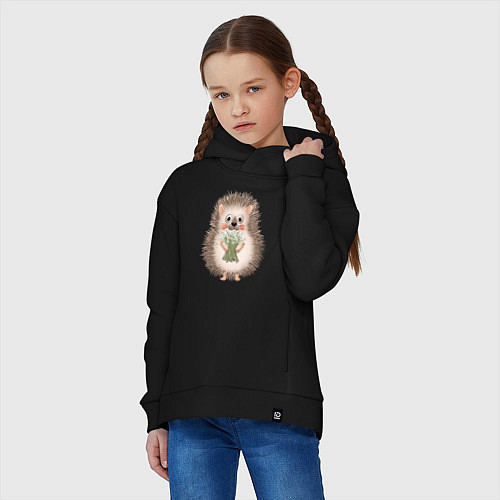 Детское худи оверсайз Ёжик с букетом ромашек / Черный – фото 3