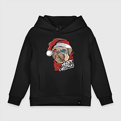 Толстовка оверсайз детская Pug merry christmas, цвет: черный