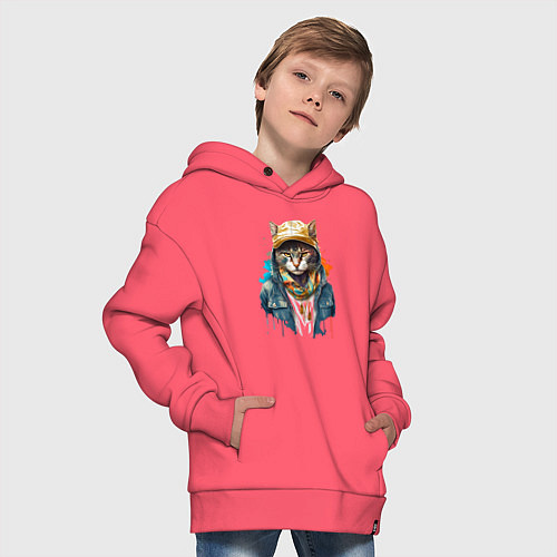 Детское худи оверсайз Кот репер / Коралловый – фото 4