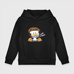 Толстовка оверсайз детская Пингвин в шапке лётчика, цвет: черный