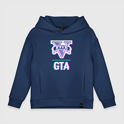 Толстовка оверсайз детская GTA в стиле glitch и баги графики, цвет: тёмно-синий