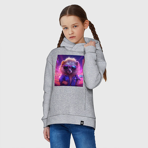 Детское худи оверсайз Еж в очках и неоновом свете / Меланж – фото 3