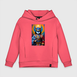 Толстовка оверсайз детская Кот-самурай - нейросеть, цвет: коралловый