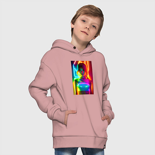 Детское худи оверсайз Japanese girl - neon glow - neural network / Пыльно-розовый – фото 4