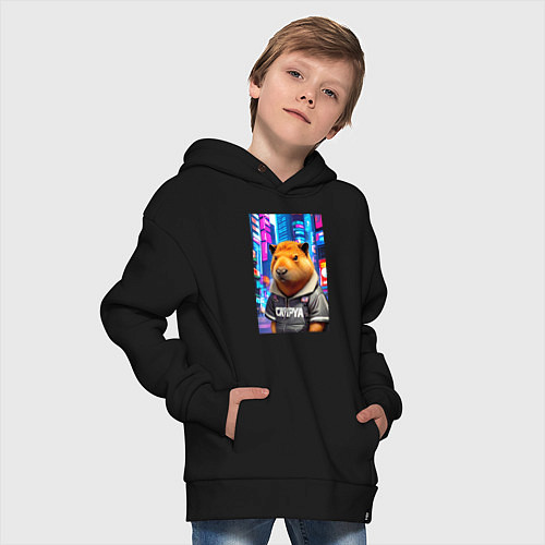 Детское худи оверсайз Cool capybara - urban style - neural network / Черный – фото 4