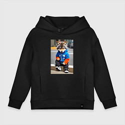 Толстовка оверсайз детская Уличный волчонок-хулиган - нейросеть, цвет: черный