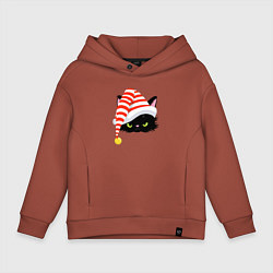 Толстовка оверсайз детская Новогодний черный кот в новогоднем колпаке, цвет: кирпичный