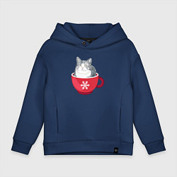 Толстовка оверсайз детская Котик в кружке со снежинкой, цвет: тёмно-синий