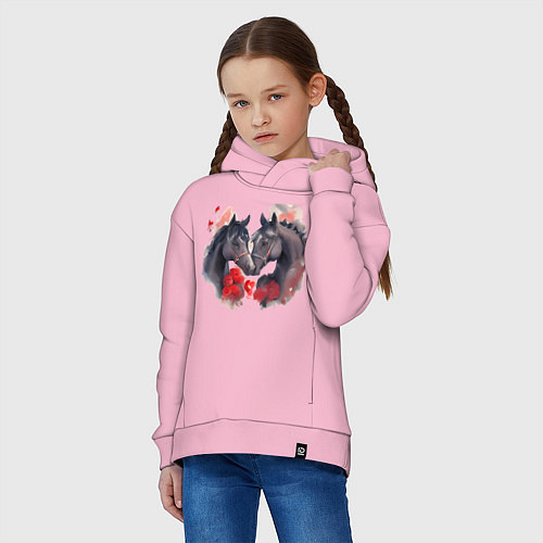 Детское худи оверсайз Влюбленные вороные лошади / Светло-розовый – фото 3
