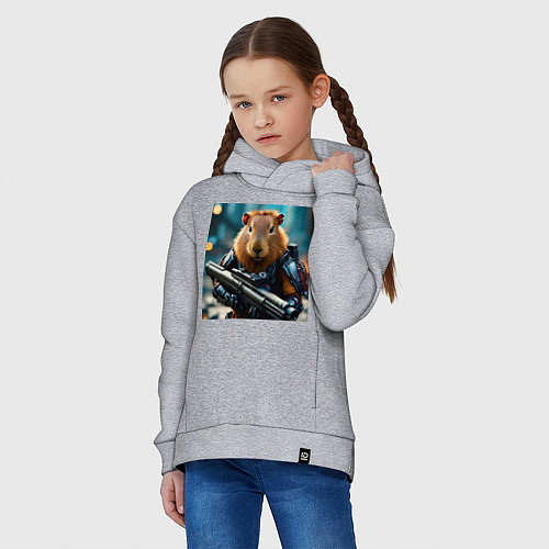 Детское худи оверсайз Мем вооруженная капибара и автомат / Меланж – фото 3