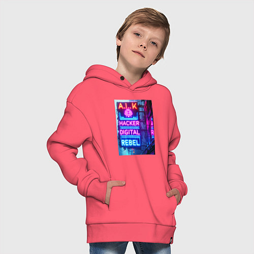 Детское худи оверсайз Ai hacker digital rebel - neon glow / Коралловый – фото 4