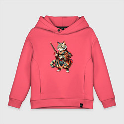 Толстовка оверсайз детская Кот ниндзя - японский воин, цвет: коралловый