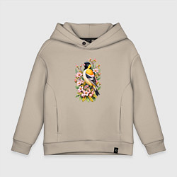Толстовка оверсайз детская Черноголовый щегол среди цветов, цвет: миндальный
